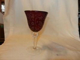 Vintage Large Red and Clear Glass Goblet With Etched White Filigree 7.25... - $24.00