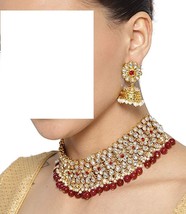 Gold Tone Indian Kundan Choker Necklace Earrings Ethnic Fashion Jewelry Set 01 - £25.24 GBP