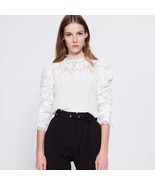 Women&#39;s High Neck Floral Rose Motif Lace Insert Chiffon White Top 6 8 AU... - $67.90 CAD