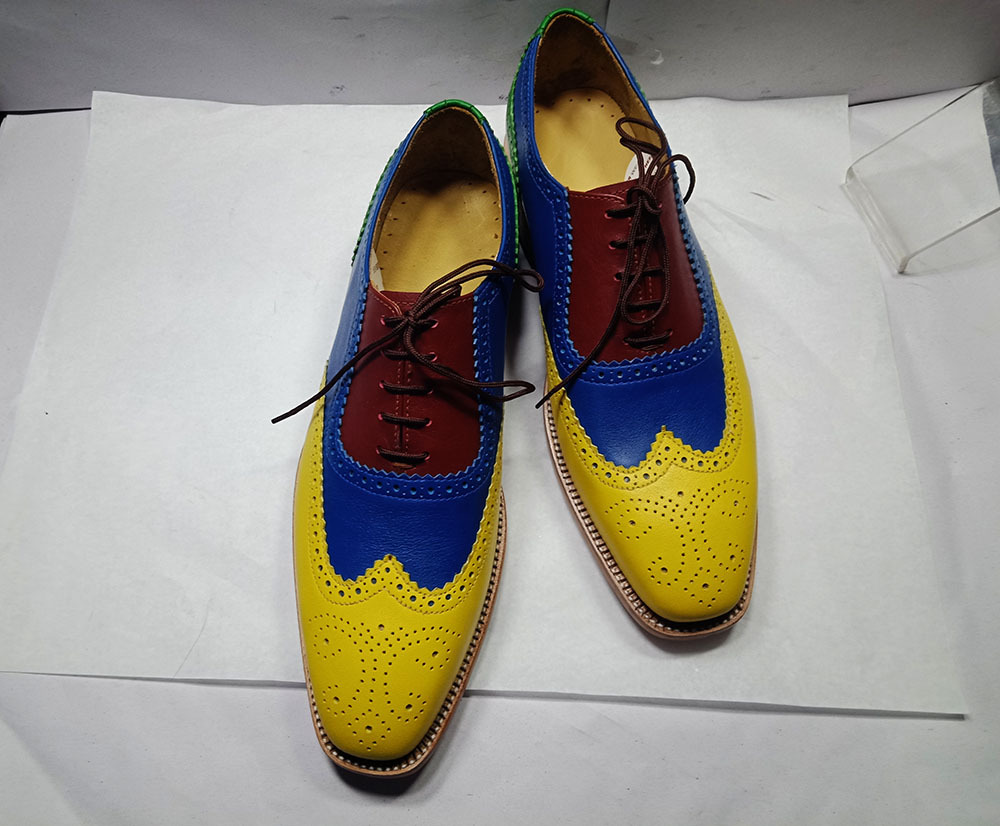 Oxford Multi Color Wingtip Brogue Toe Natural Color Sole Vintage Leather Shoes