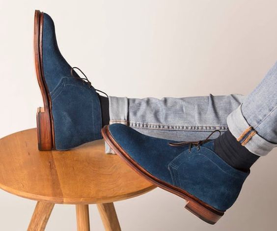Handmade Men Navy blue color classic Chukka boots, Men Suede ankle casual boots