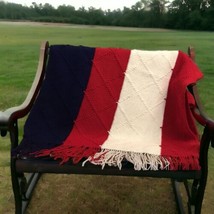 Vintage Patriotic Handmade Afghan Red White &amp; Blue With Fringe 80in x 35in  - £18.62 GBP