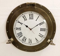 Antique Brown Marine 20&quot; Brass Ship Black Porthole Clock Nautical Wall M... - $138.85