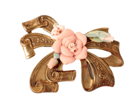 Vintage Pin Brooch Brass Ribbon Bow with Ceramic Flowers Very Old - £6.71 GBP