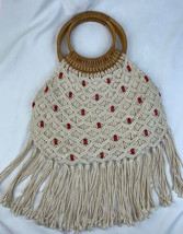 Fringe Boho Hobo Handbag Cotton Macrame Covered Rattan Circle Handles - £23.67 GBP