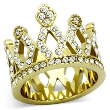 Clear Crystal Princess Tiara Crown Band Yellow Gold Plated Anniversary Ring - £55.00 GBP