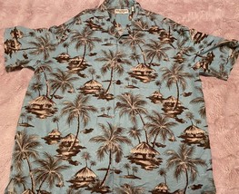 Caribbean Mens Hawaiian Pure Silk shirt Large Palm Tree Hut - £17.65 GBP