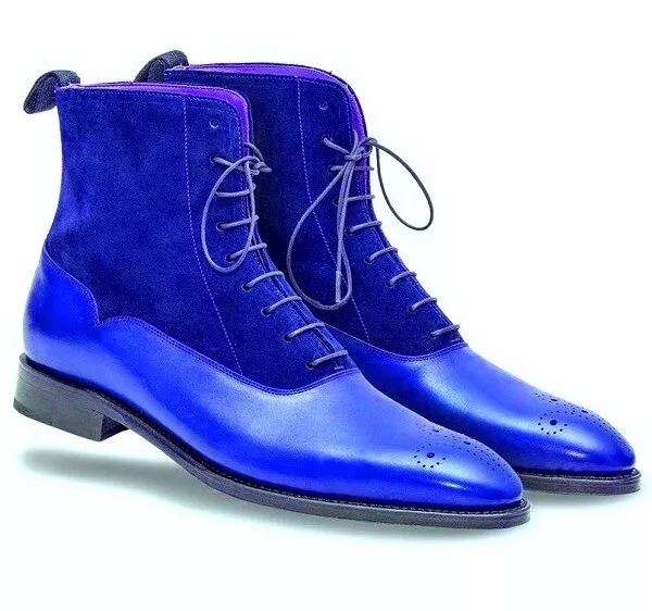 Blue Real Upper Suede Leather Handmade High Ankle Lace Up Boots - £141.63 GBP