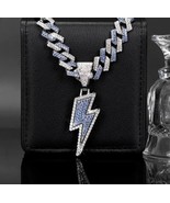 Silver Plated CZ Iced Blue Lightning Bolt Pendant Cuban Link Chain Neckl... - $34.64