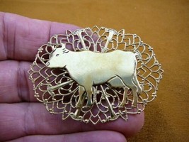 (b-cow-5) Cow love dairy cows farm bovine oval filigree BRASS pin pendant - $17.75
