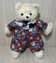 Dandee vintage white teddy bear Plush red blue floral outfit lace ribbons READ - $31.18