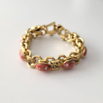 Vintage Gold Tone Coral Peking Glass Link Bracelet 6.5&quot; - £12.67 GBP