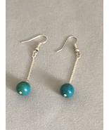 Silver Green Chrysocolla beads Earrings 8.7mm Bead Dangle Hook Earrings - $5.93