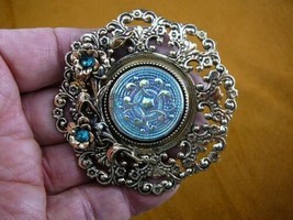 z30-6) Blue Green star flower Czech glass button round filigree brass brooch pin - £25.34 GBP