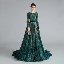 Dark Green Long Sleeves Prom Dresses Sequins dress prom Backless prom dresses ev - £343.65 GBP