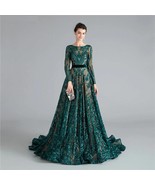 Dark Green Long Sleeves Prom Dresses Sequins dress prom Backless prom dr... - $439.99