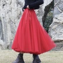 RED Tulle Midi Skirt with Sequins Outfit Women Plus Size Sparkly Red Tulle Skirt image 2