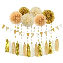 White Gold Champagne Party Decorations - 23Pcs Tissue Pom Poms Streamers,Christm - £27.17 GBP
