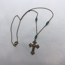 Vintage Cross Necklace Victorian Style Dainty Green Glass Beads - £15.63 GBP