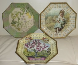 Decoupage Glass 3 Vintage Design Octagonal Plates Signed B. Cardona 8 3/4&quot; - £44.06 GBP