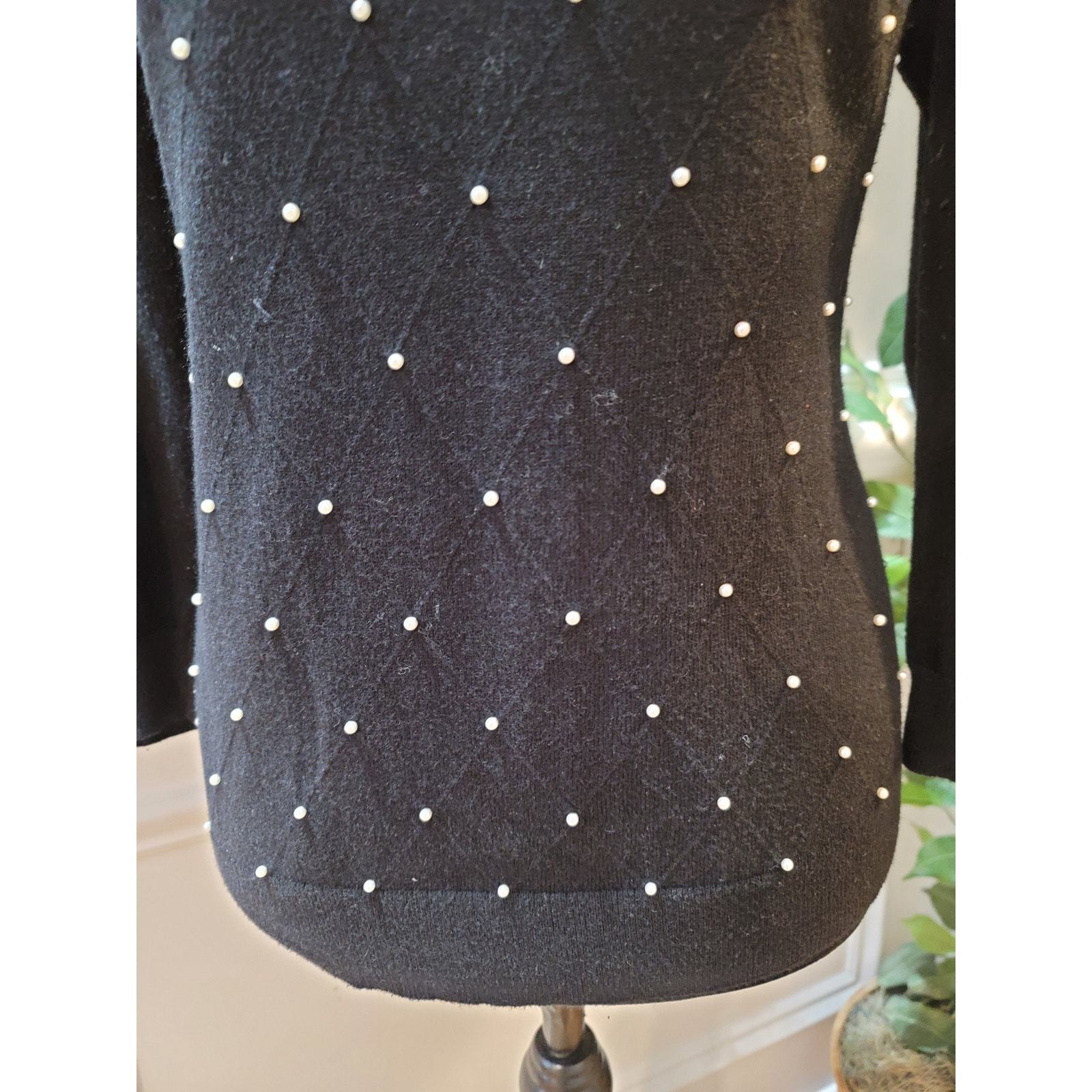 ELLE Sweater Women's Medium Black Pearl Embellished 34 Sleeve Pullover Knit Item image 4