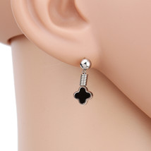 Petite Silver Tone Clover Earrings With Jet Black Faux Onyx Inlay - £17.17 GBP