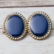 Vintage Clip On Earrings Blue Oval with Gold Tone Halo Just Over 7/8&quot; - $14.99