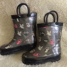 Copelli New York Kids Girls Black Gray Pink Owls Pull On Rain Boots Galoshes 6-7 - £13.92 GBP