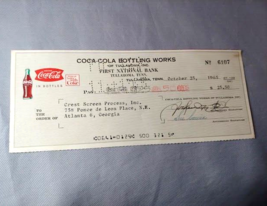 1965 Coca Cola Tullahoma Tenn Bottling Works Coke Payroll Check - £11.20 GBP