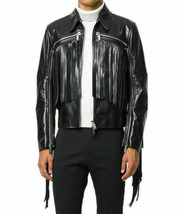 Hombres Occidental Vestir Chaqueta Negro Piel de Vacuno Flecos Cerrar Ab... - $140.99