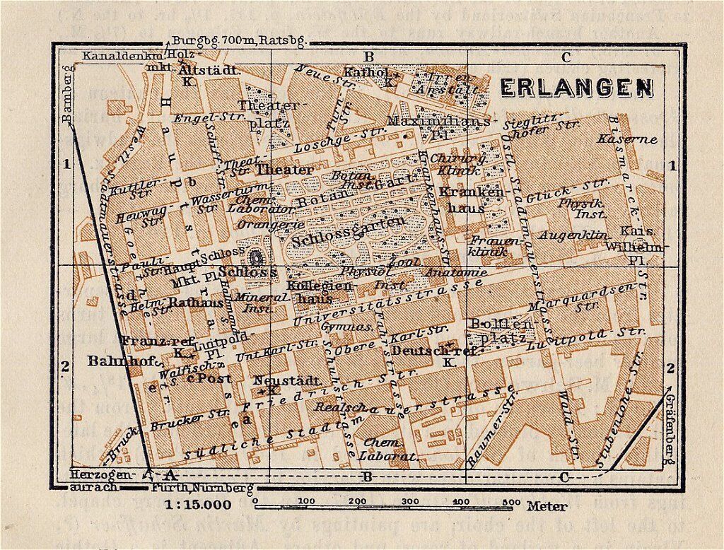 1910 ANTIQUE CITY MAP OF ERLANGEN / BAVARIA BAYERN / GERMANY - $24.46