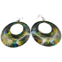 Vintage Pierced Earrings Statement Peacock Feather Painted Like Silver Tone - $7.06