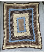 Crochet Knit Afghan Throw Brown Blue Cream Squares Mid Century Boho 55x4... - $26.42 CAD