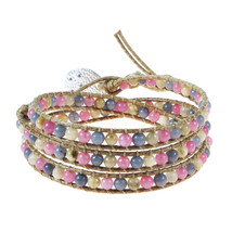 Rosy Magic Rose Quartz Stone Snake Cord Wrap Leather Bracelet - £15.86 GBP