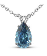 Diamond Solitaire Pendant Necklace Blue Pear Shape Treated 14K White Gol... - $2,717.58 CAD