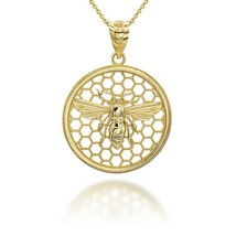 10K Solid Gold Queen Bee Honey Comb Pendant Necklace - Yellow, Rose, or White - £180.37 GBP+