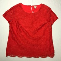NEW J Crew Top Shirt Blouse Womens 8 Red Perforated Floral Paisley Short Sleeve - £14.93 GBP