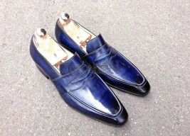 Handmade Men&#39;s Leather Stylish Blue Fashion Classic Loafers Slip Ons Shoes-1046 - £182.24 GBP
