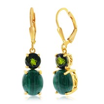 Sterling Silver Oval Malachite w/ Round Chrome Diopside Earrings - Gold Plated - £107.07 GBP