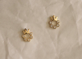14K Gold Solitaire Flower Queen Stud Earrings, S925 Sterling Silver, crown, tiny - £37.39 GBP