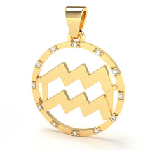 Aquarius Zodiac Sign Diamond Bezel Pendant In Solid 10K Yellow Gold - £198.57 GBP