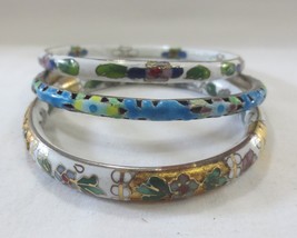 Vtg Lot Of 3 Bangle Bracelets Cloisonné Floral Silver Clamper - £15.98 GBP