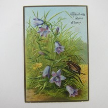 Victorian Greeting Card Happy Returns of the Day Purple Flowers Beetle A... - £4.47 GBP