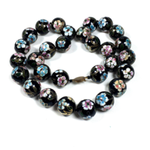 26&quot; Vintage Chinese Floral Cloisonné Necklace Large .75&quot; Beads Black Multicolor - £60.93 GBP