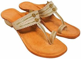Women&#39;s Girls Kolhapuri Leather Chappal ethnic Heel flat US Size 5-12 Cream Gold - £26.73 GBP