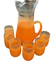 Vintage Blendo Tangerine Orange Frosted Pitcher (6) Drinking Glasses USA... - $128.69