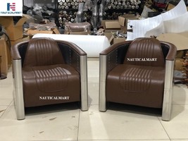 NauticalMart Sofa Retro Dark Brown TG Leather &amp; Aluminum Living Room Furniture S - £3,736.78 GBP