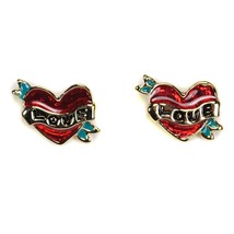 Love Heart Earrings Classic Tattoo Style Valentines Day Stud Post Gold Enamel - $7.95