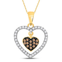 10kt Yellow Gold Womens Round Brown Diamond Nested Dangle Heart Pendant 1/3 Cttw - £185.80 GBP