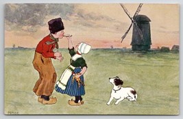 Dutch Children With Puppy And Windmill  Girl With Doll Postcard L22 - £5.55 GBP